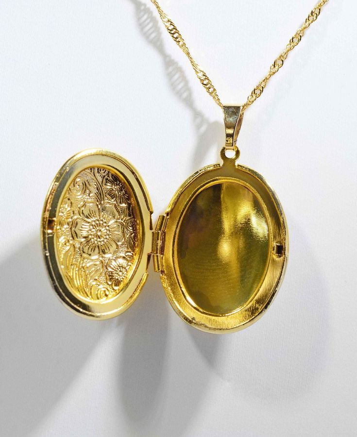 floral engraved gold oval locket necklace brass keepsake photo pendant