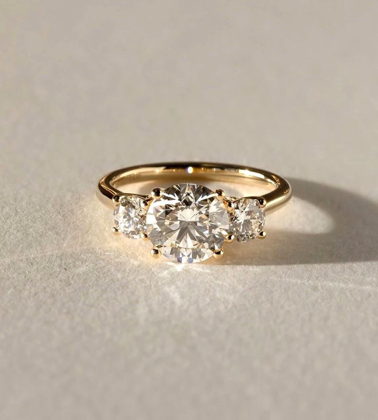 round cut three stone diamond ring, 2 00 ctw round lab grown diamond engagement ring for women, 14k yellow gold trilogy wedding ring for her