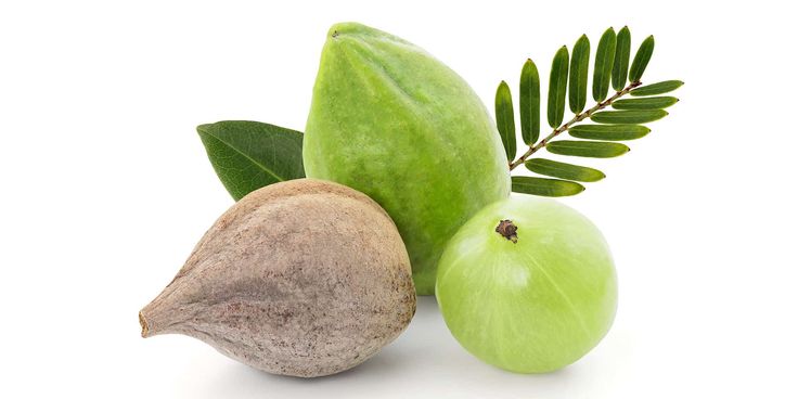 triphala, ayurvedic fruits isolated on white background with cli